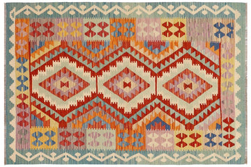 Flat Weave Kilim, Antique, Navaho, Vintage, Handmade, Geometric Kilim Rust Blue Hand-Woven Rectangle 100% Wool Area Rug 4 x 6